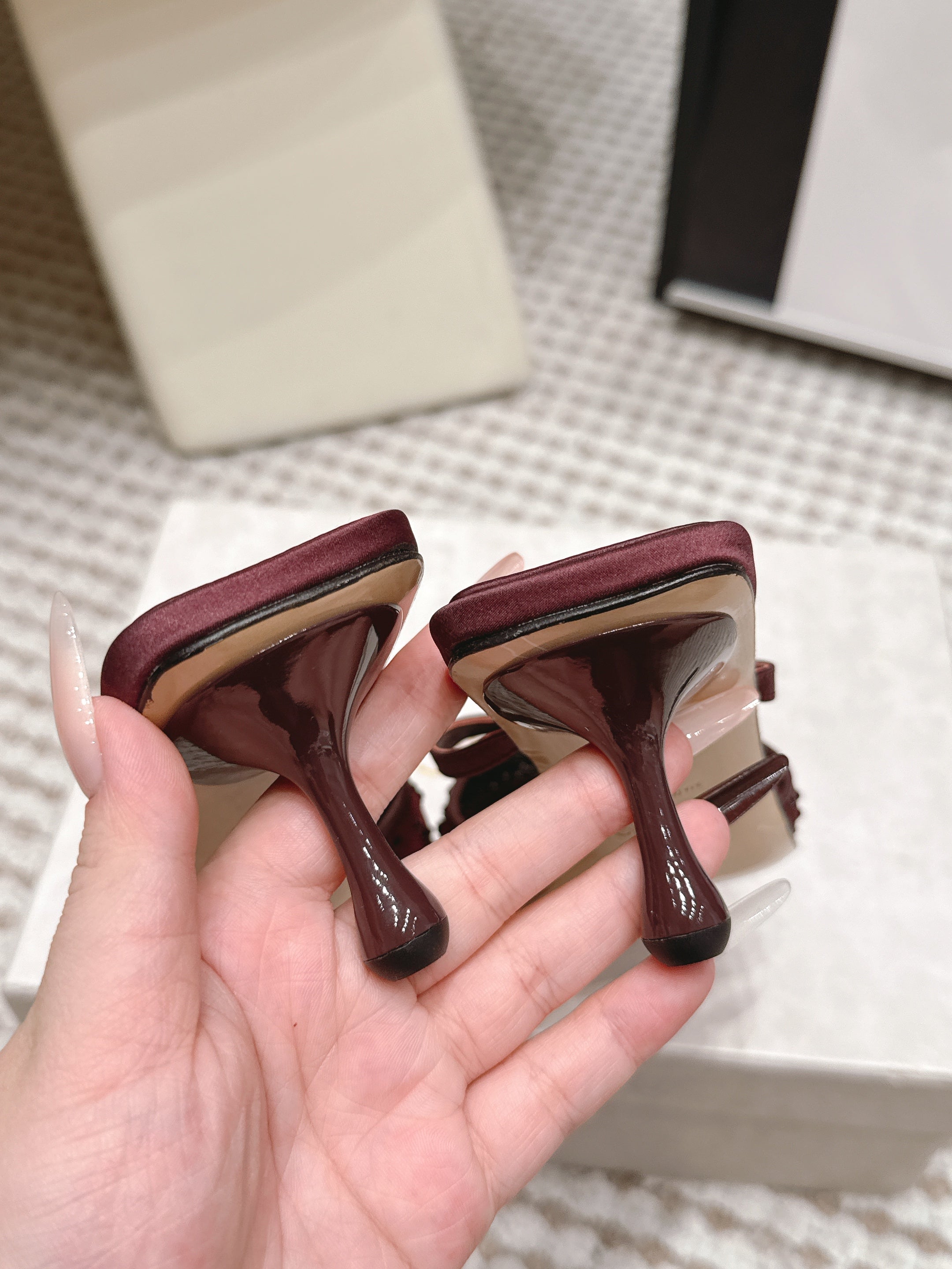 JC Crystal Bow Mule Sandals 5.5CM Burgundy Mesh Leather 930962