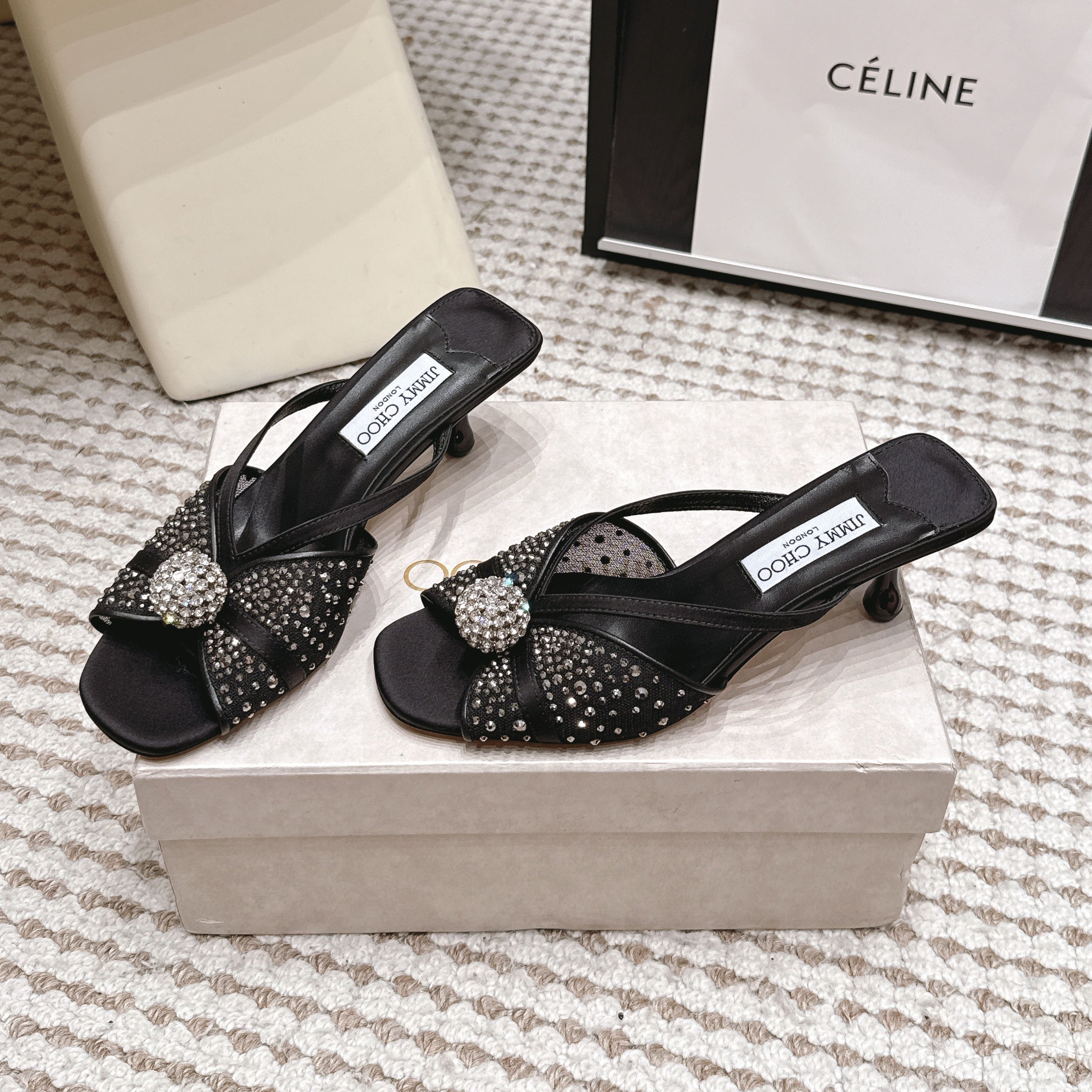 JC Crystal Bow Mule Sandals 5.5CM Black Mesh Leather 930961