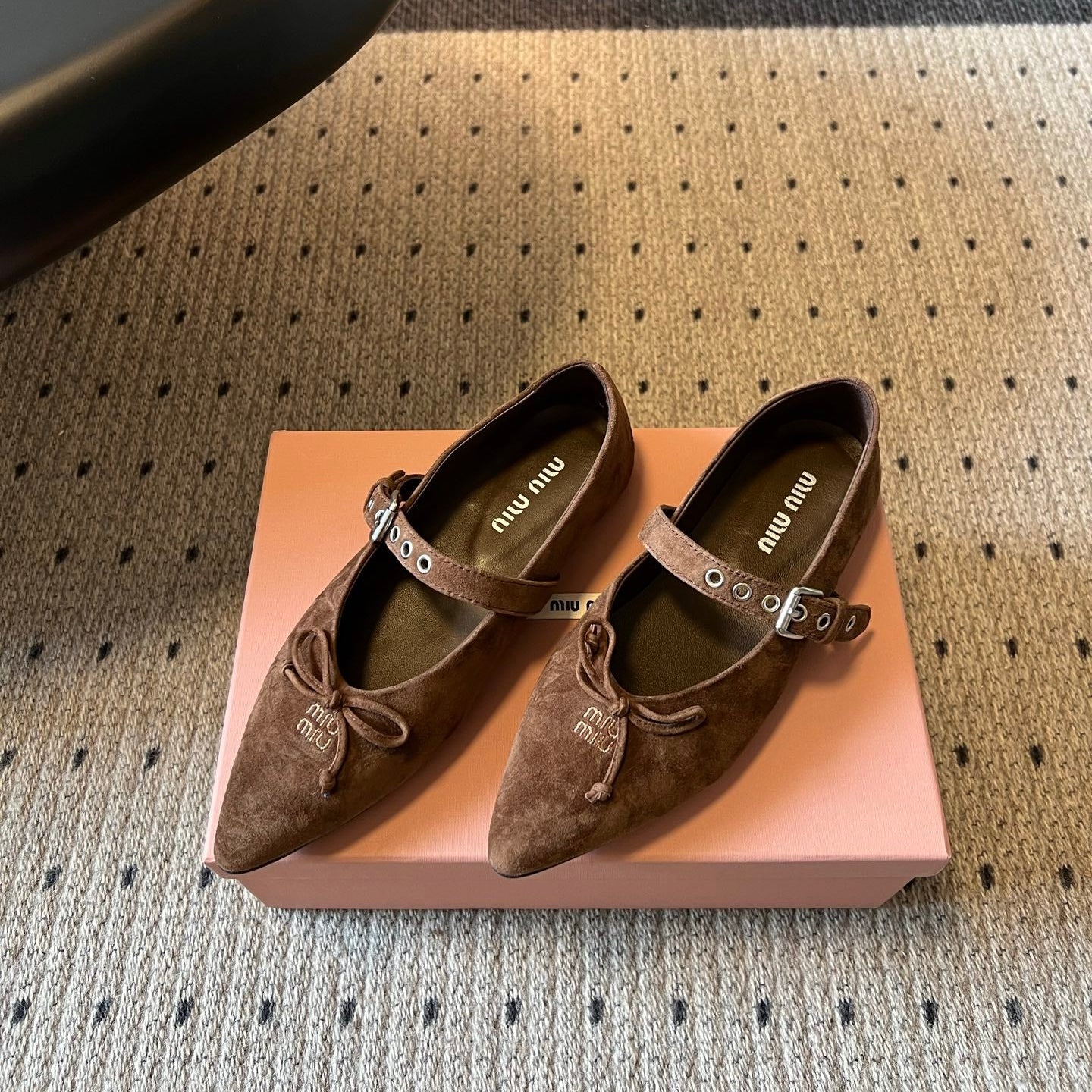 Miu Pointed Toe Bow Mary Jane Flats Brown Suede 933432