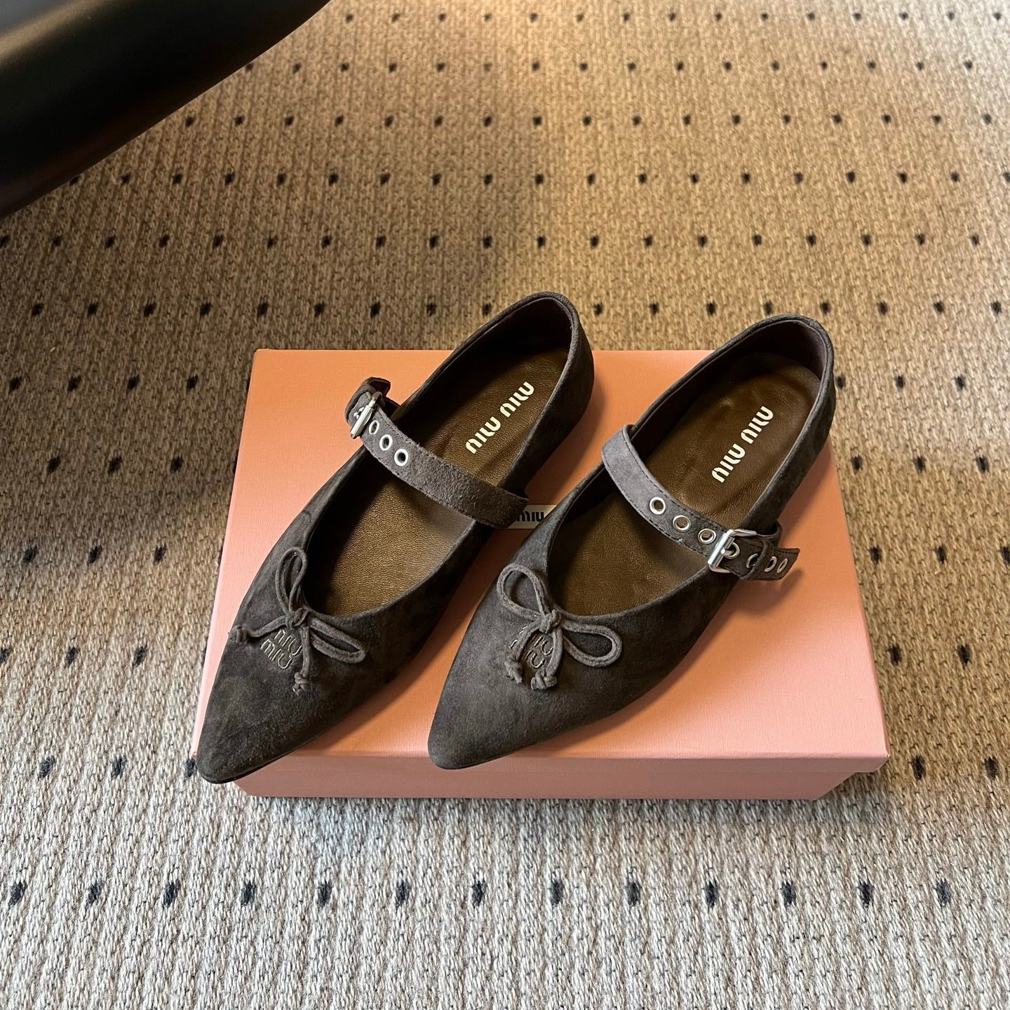 Miu Pointed Toe Bow Mary Jane Flats Dark Brown Suede 933431