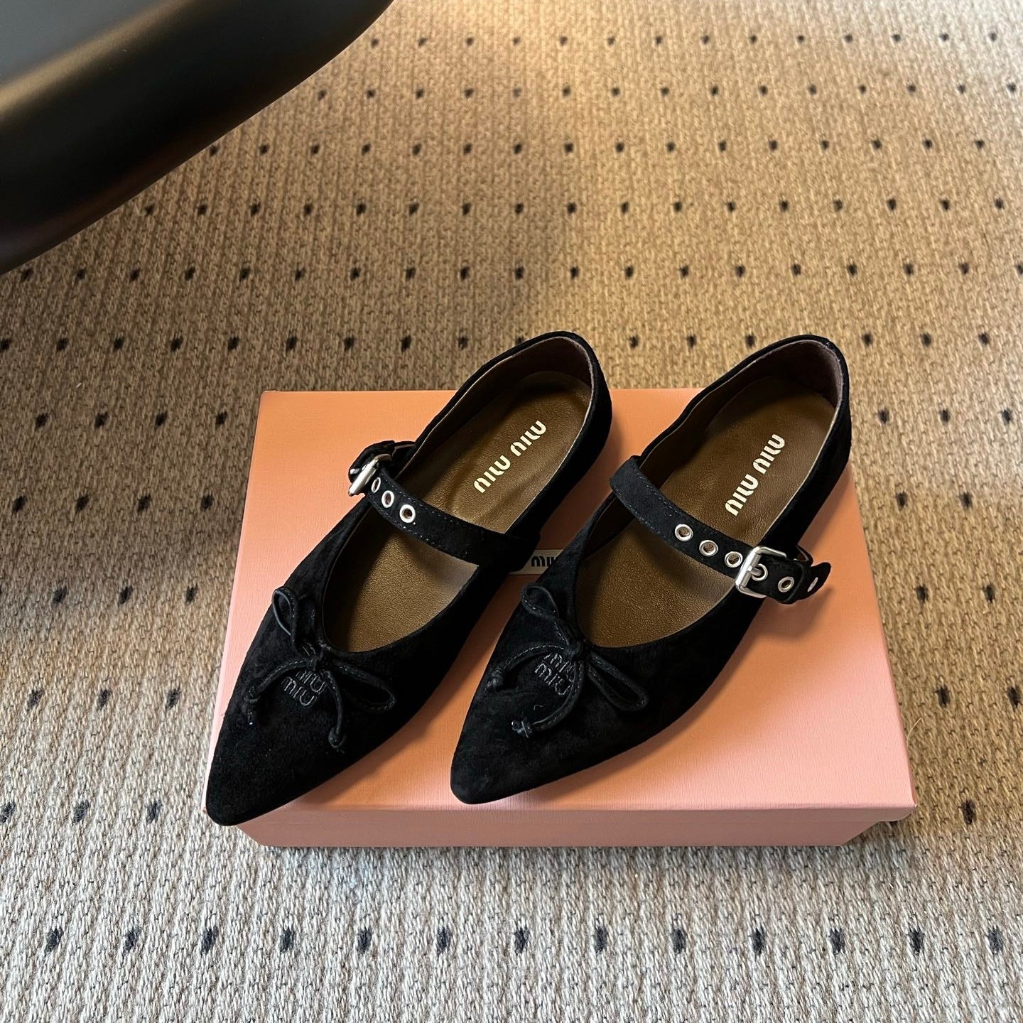 Miu Pointed Toe Bow Mary Jane Flats Black Suede 933429
