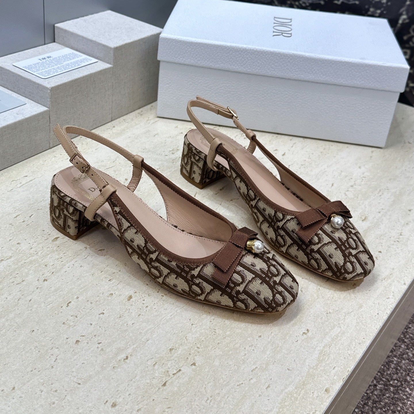 CD Oblique Bow Pearl Slingback Pumps 3.5CM Brown Embroidered Cotton 933312