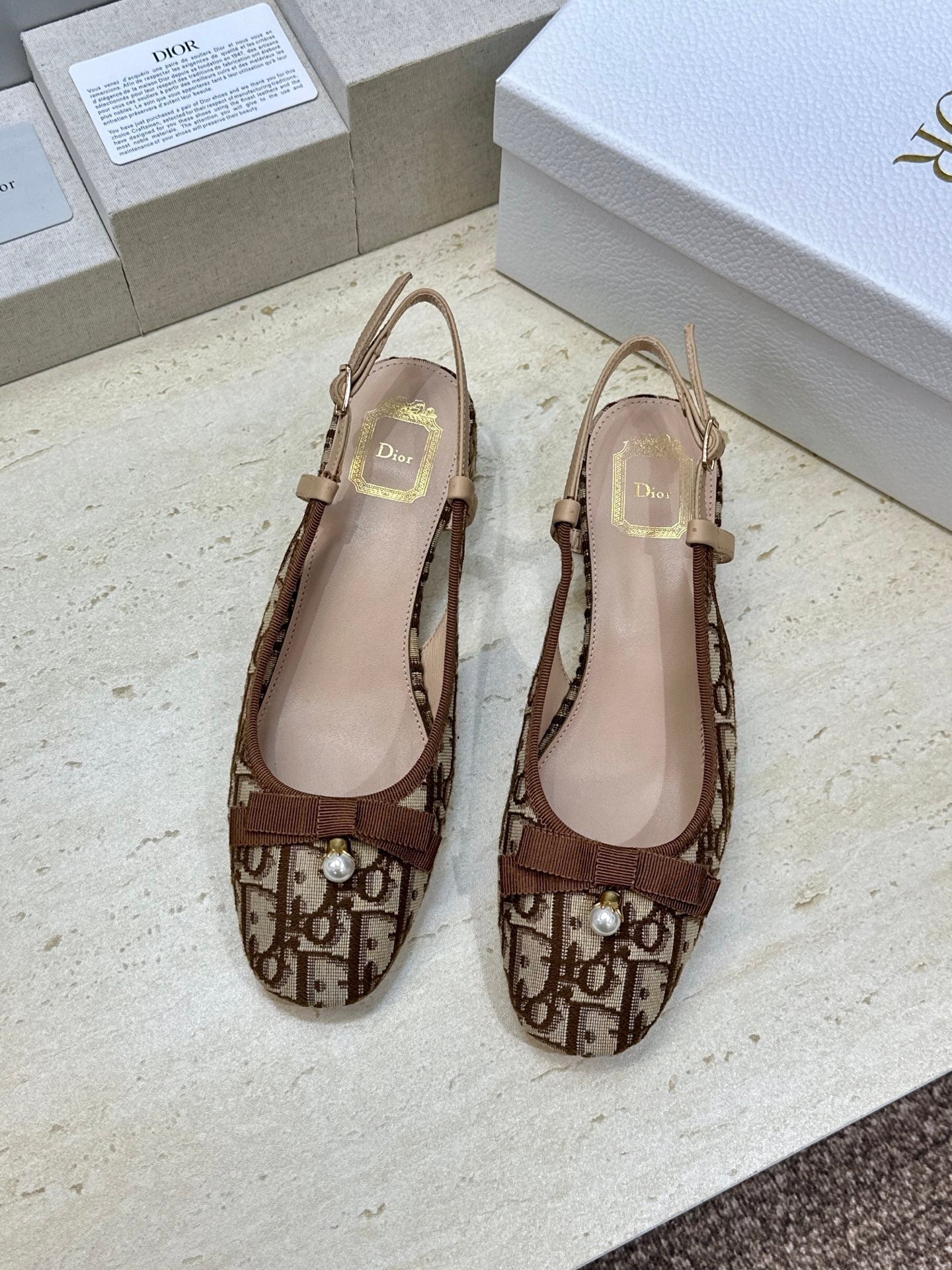 CD Oblique Bow Pearl Slingback Pumps 3.5CM Brown Embroidered Cotton 933312