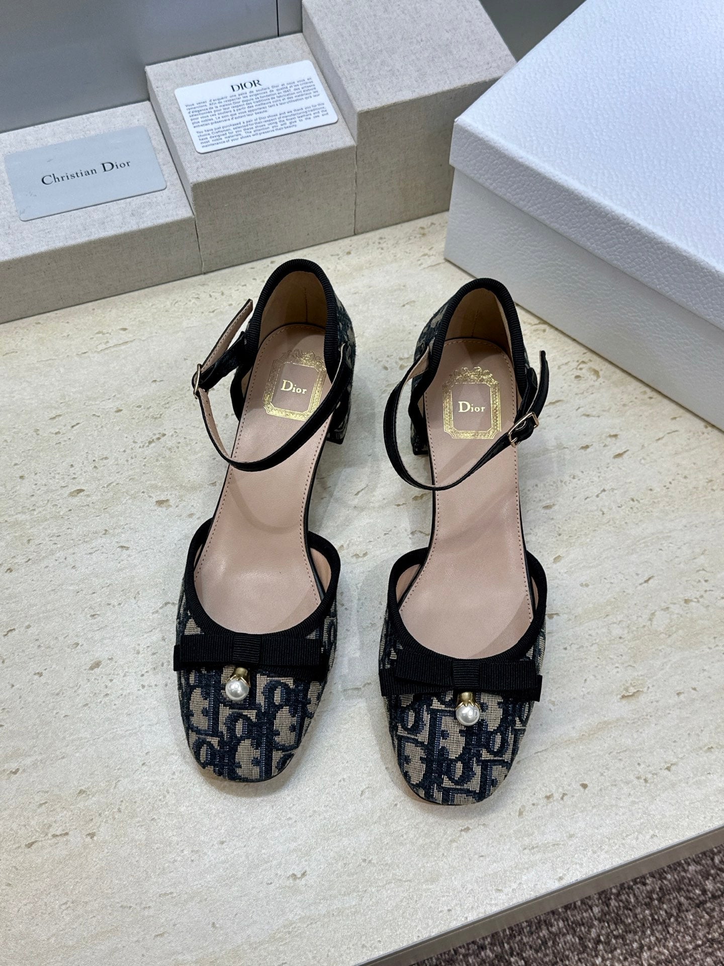 CD Oblique Bow Pearl Ankle Strap Pumps 3.5CM Grey Navy Embroidered Cotton 933313