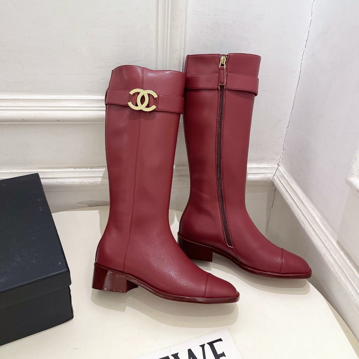 CC Double C Knee-High Boots 3.5CM Burgundy Leather 946893