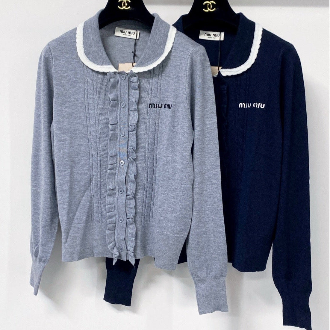 Miu Embroidered Logo Cardigan Ruffled Collar Tencel 799805