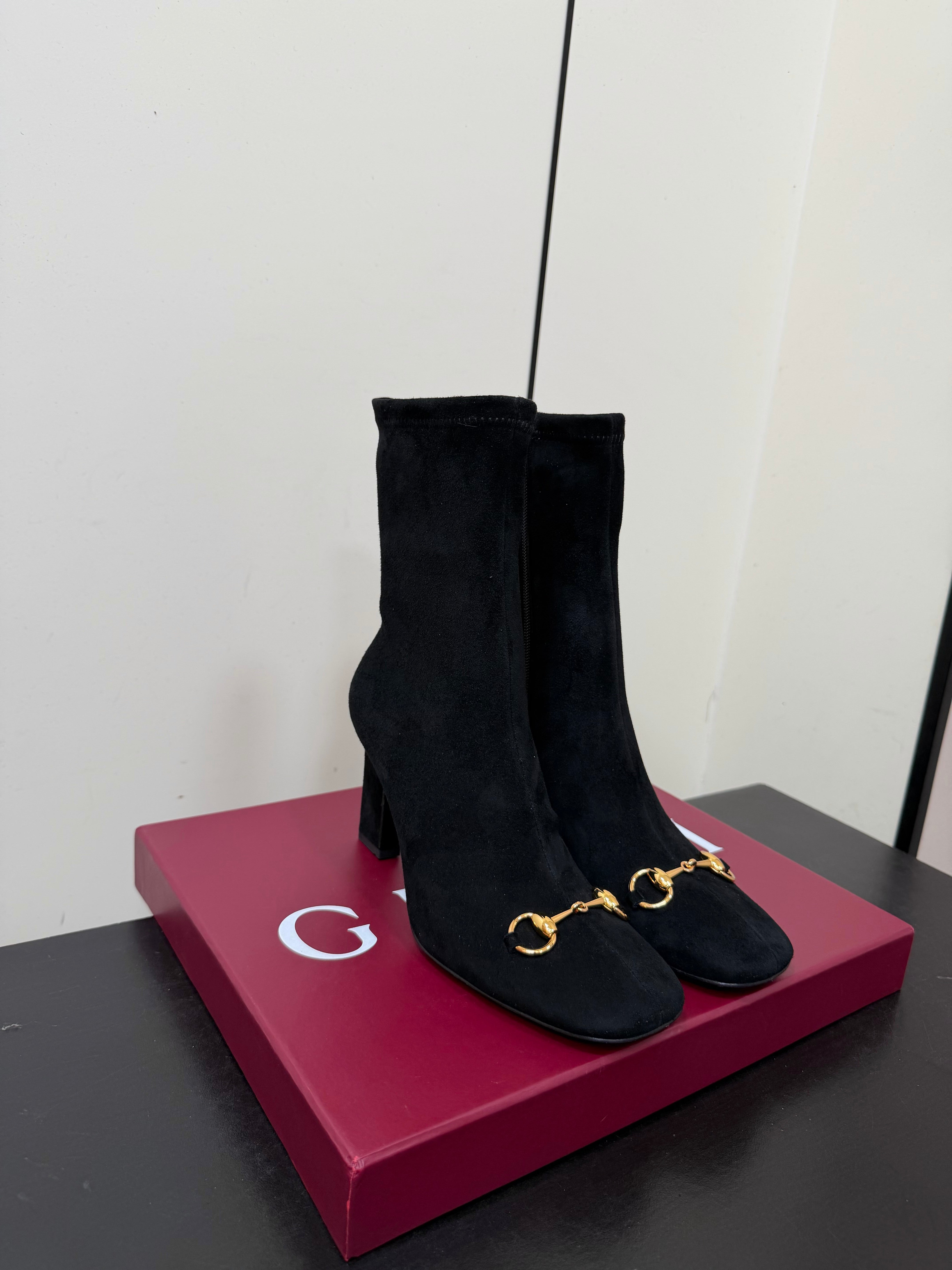 GG Signora Horsebit Ankle Boots 8.5CM Black Suede 984466
