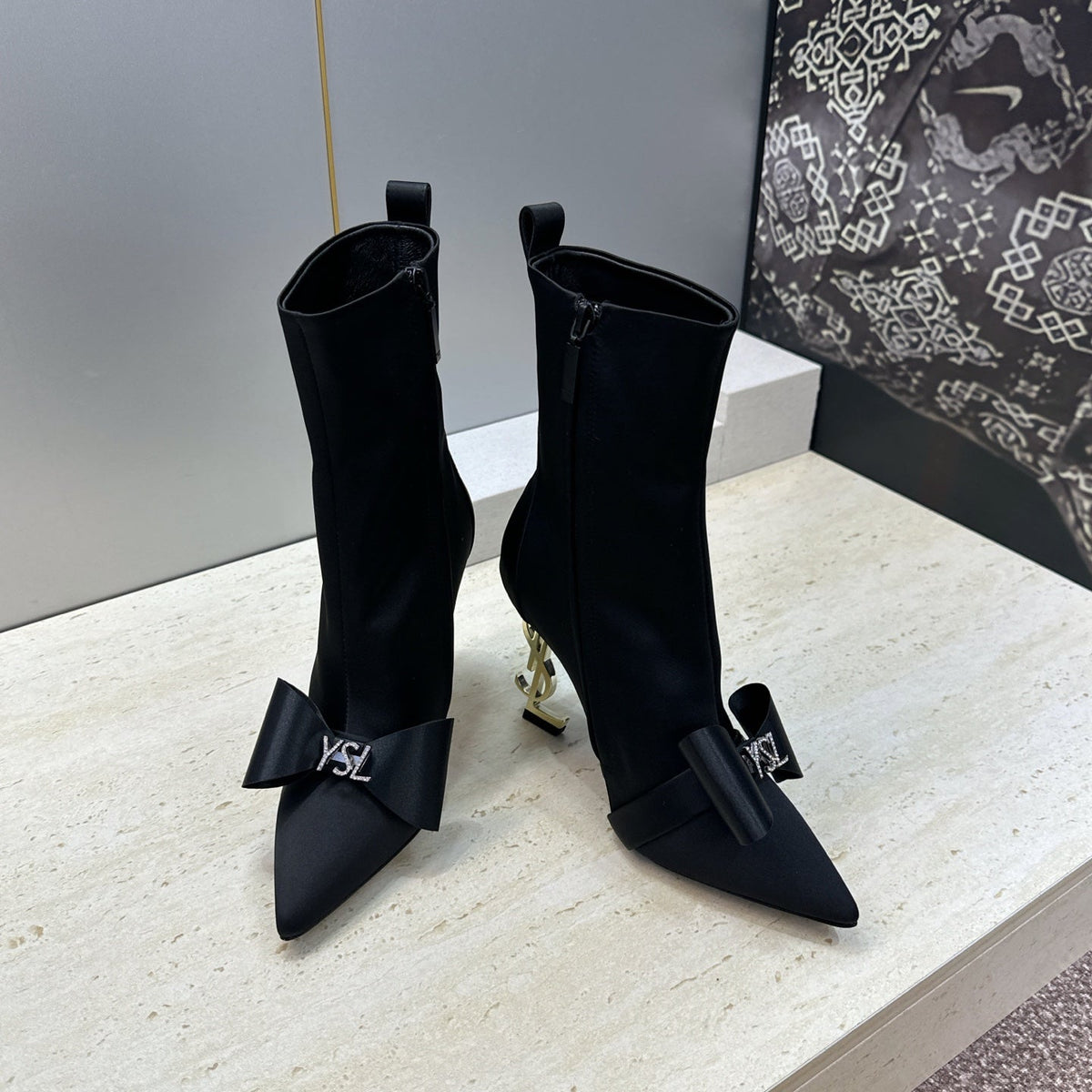 YSL 26S Bow Ankle Boots Pointed-Toe 10.5cm Black Satin 118794