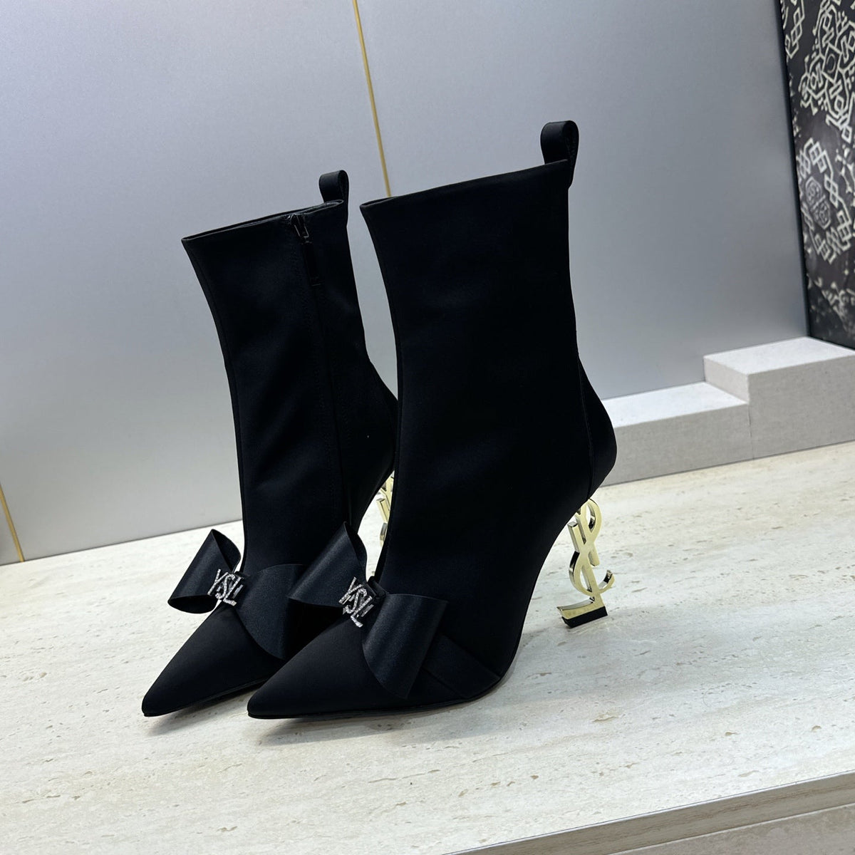 YSL 26S Bow Ankle Boots Pointed-Toe 10.5cm Black Satin 118794