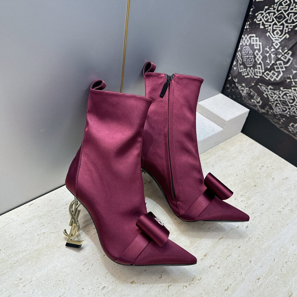 YSL 26S Bow Ankle Boots Pointed-Toe 10.5cm Burgundy Satin 118793