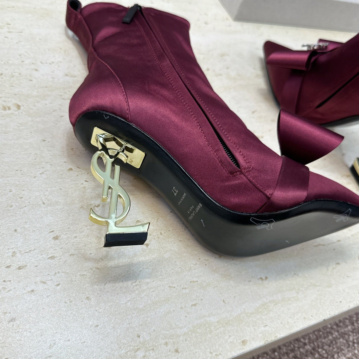 YSL 26S Bow Ankle Boots Pointed-Toe 10.5cm Burgundy Satin 118793