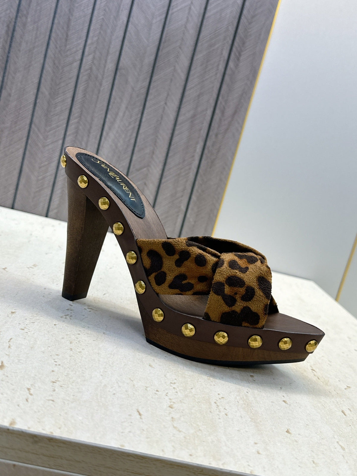 YSL 26S Platform Mules 9cm Knotted Strap Gold Studs Cream Suede 118791