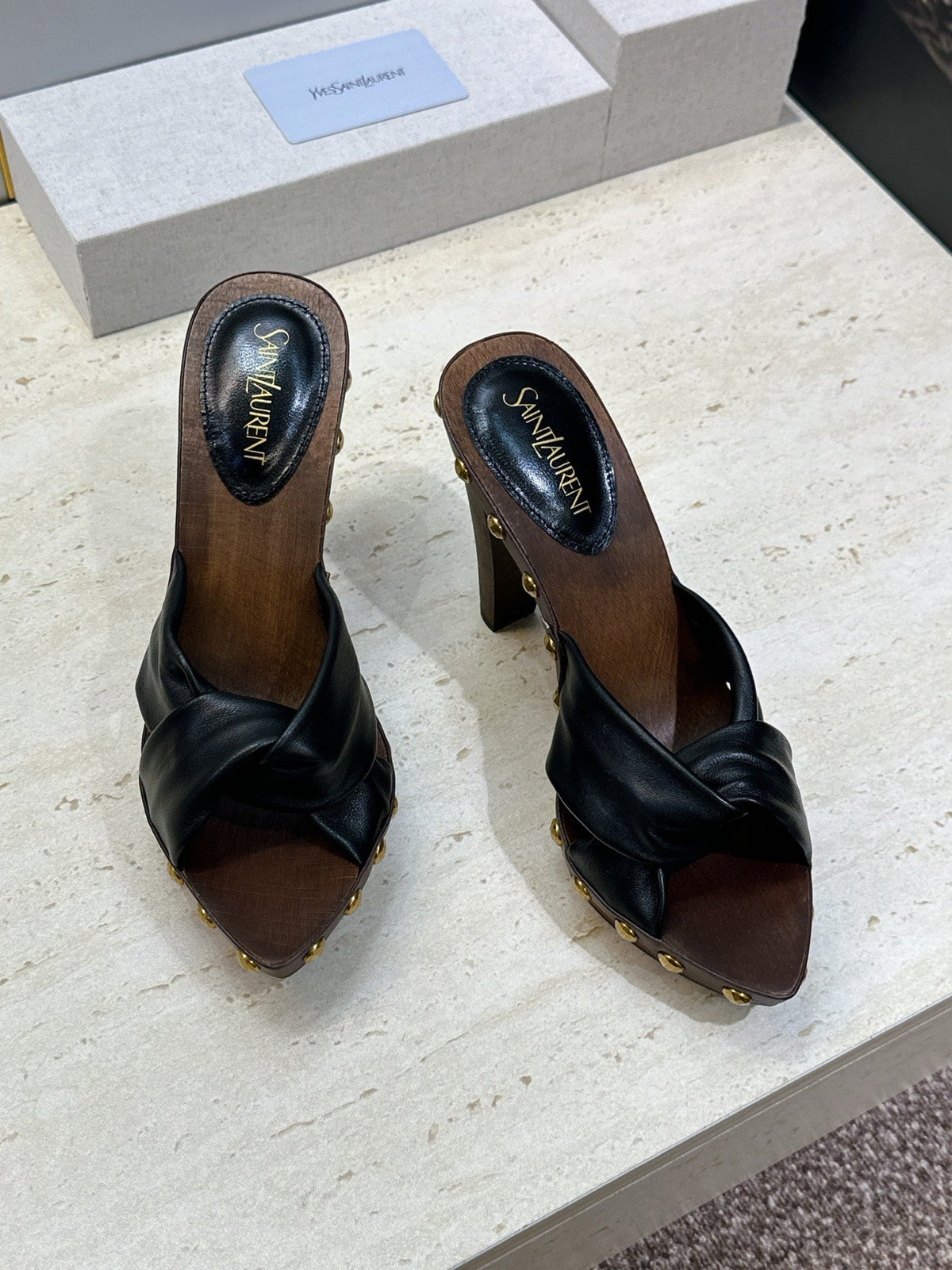 YSL 26S Platform Mules 9cm Knotted Strap Gold Studs Black Leather 118789