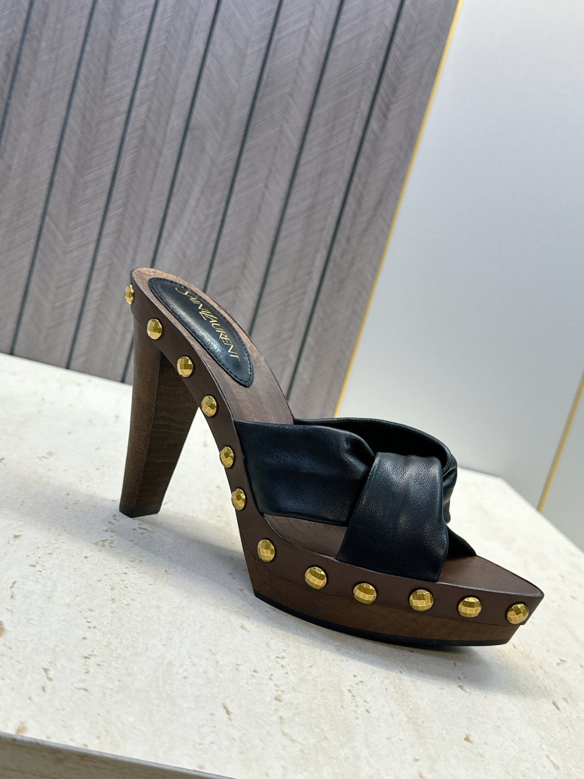 YSL 26S Platform Mules 9cm Knotted Strap Gold Studs Black Leather 118789