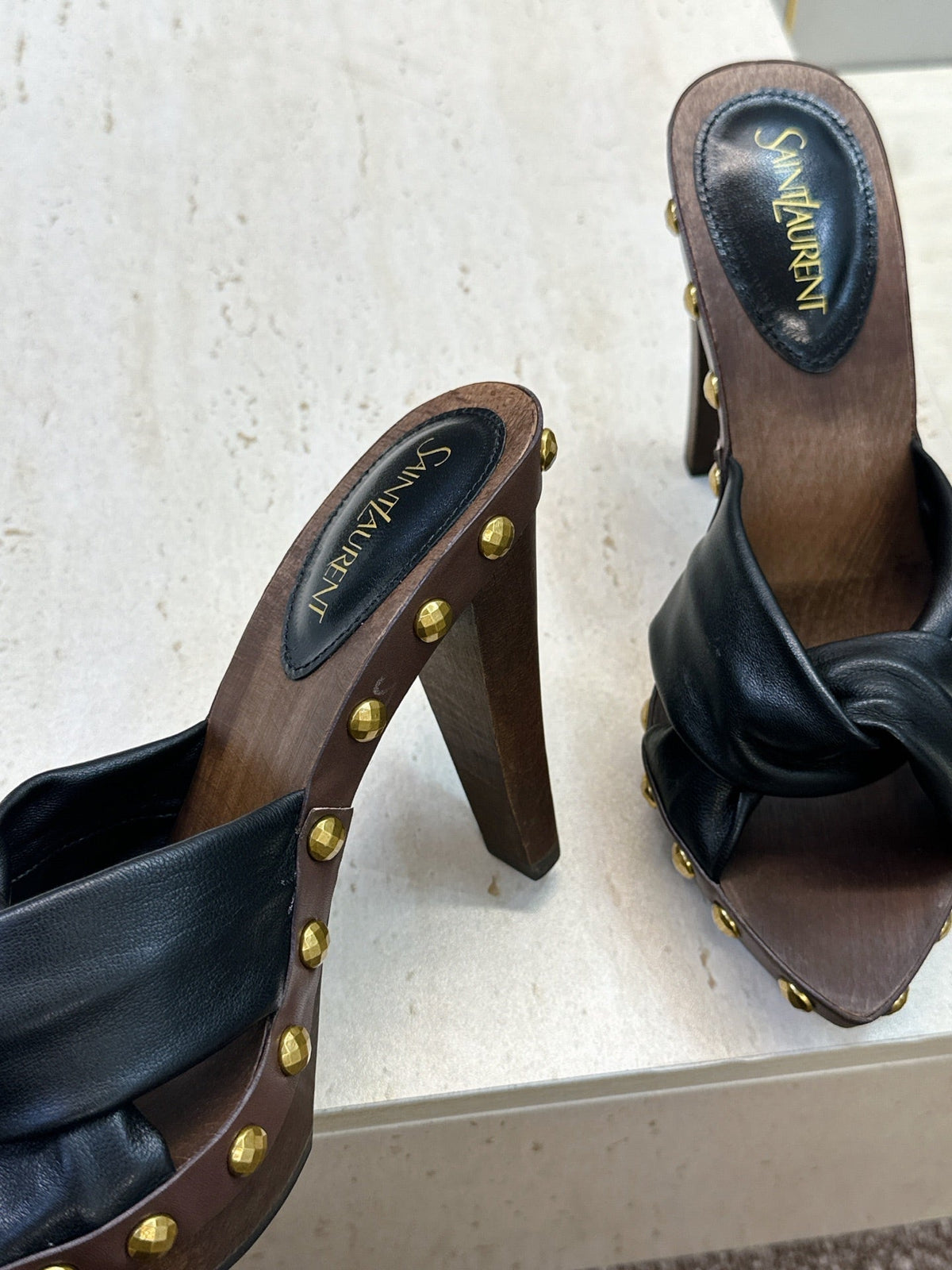 YSL 26S Platform Mules 9cm Knotted Strap Gold Studs Black Leather 118789