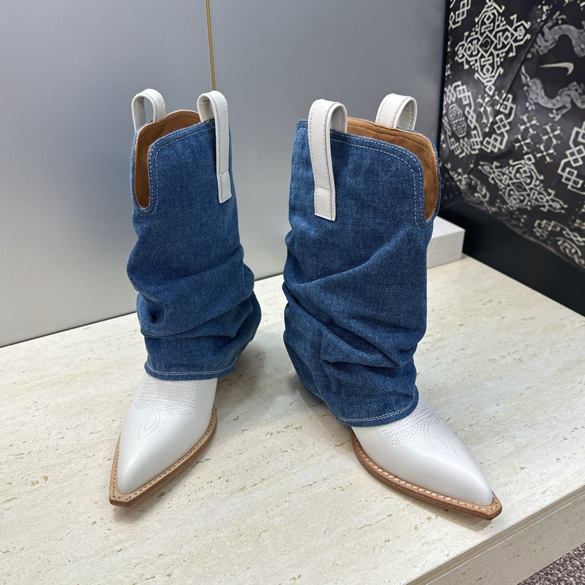 TR 26S Western Cowboy Boots 7cm White Blue Leather Denim 118533