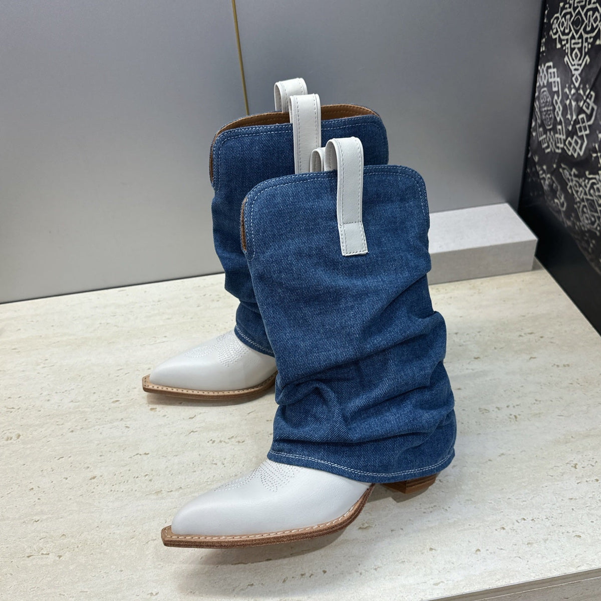 TR 26S Western Cowboy Boots 7cm White Blue Leather Denim 118533