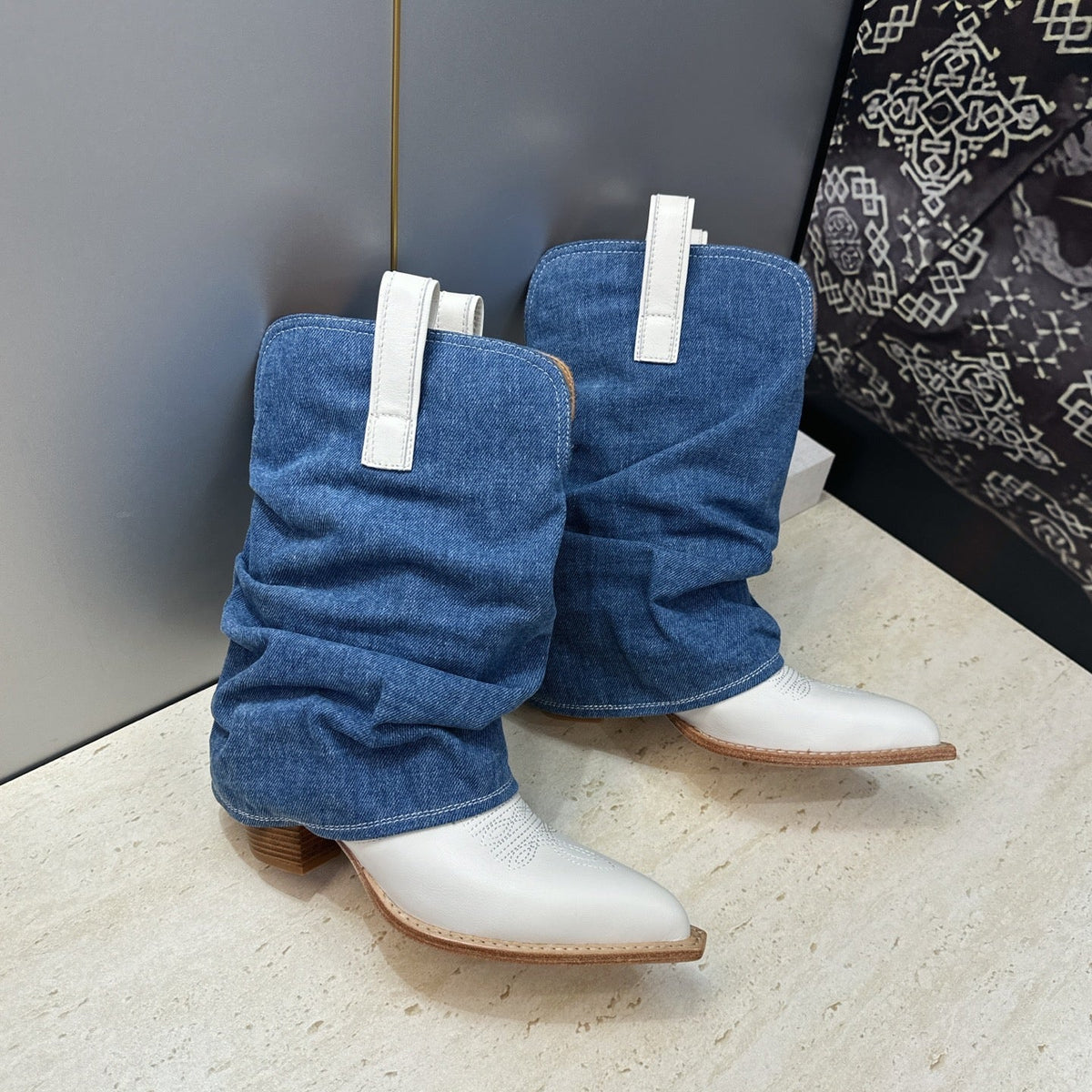 TR 26S Western Cowboy Boots 7cm White Blue Leather Denim 118533