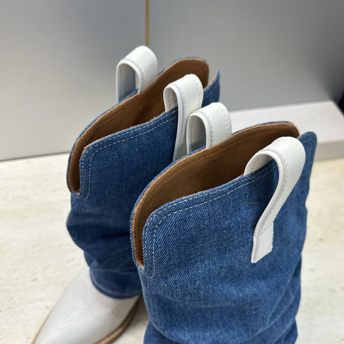 TR 26S Western Cowboy Boots 7cm White Blue Leather Denim 118533