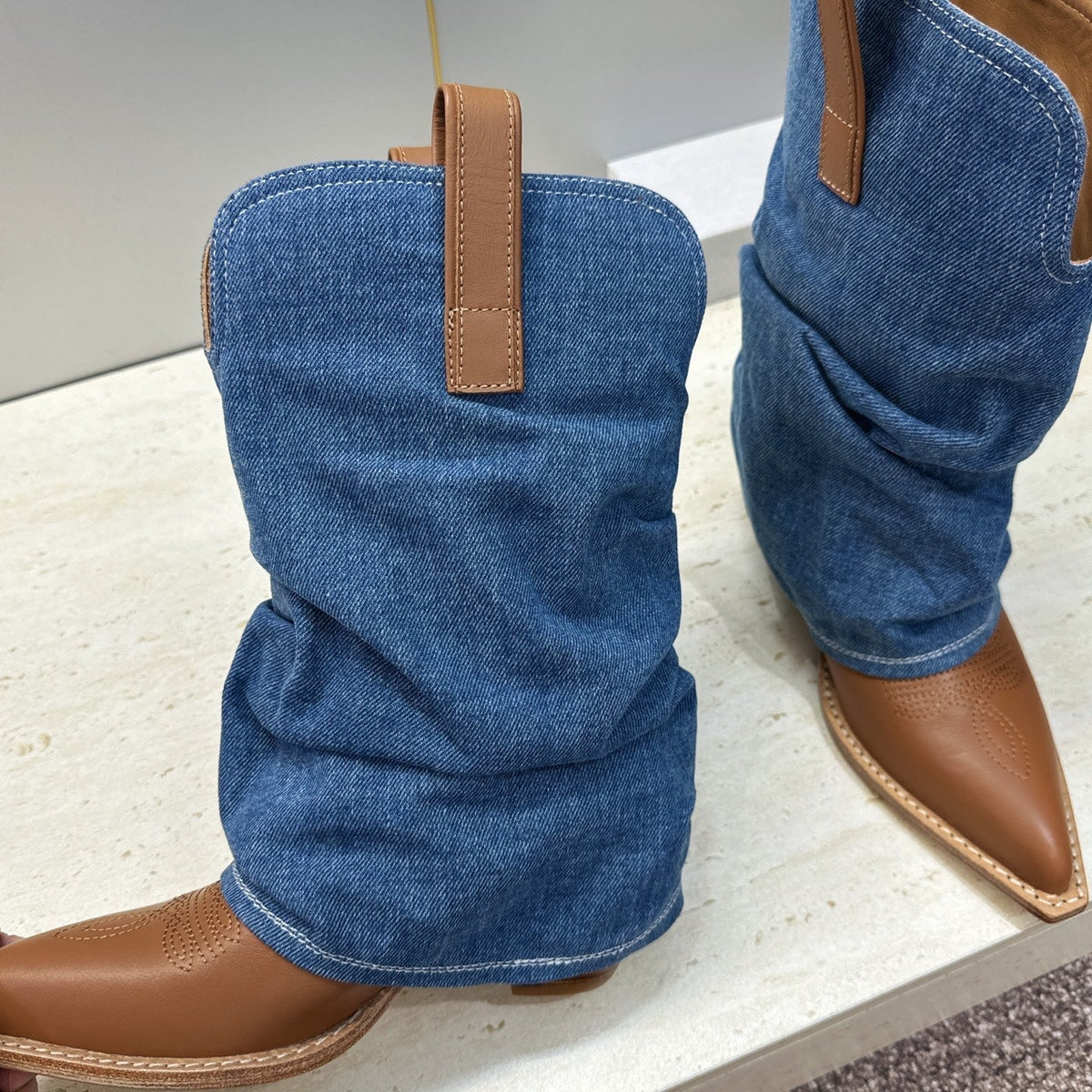TR 26S Western Cowboy Boots 7cm Brown Blue Leather Denim 118531