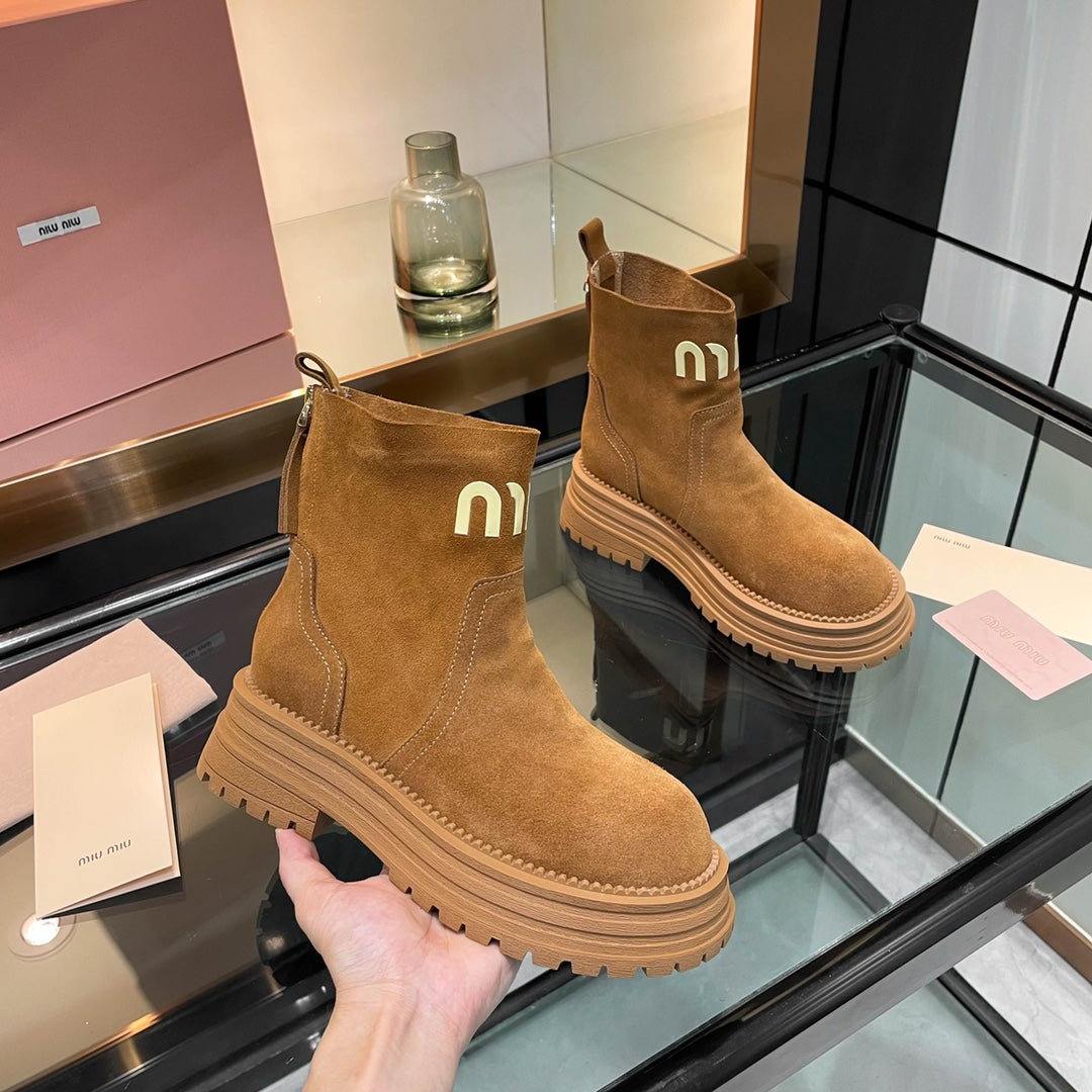 Miumiu 26s Logo Chunky Ankle Boots Camel Brown Suede