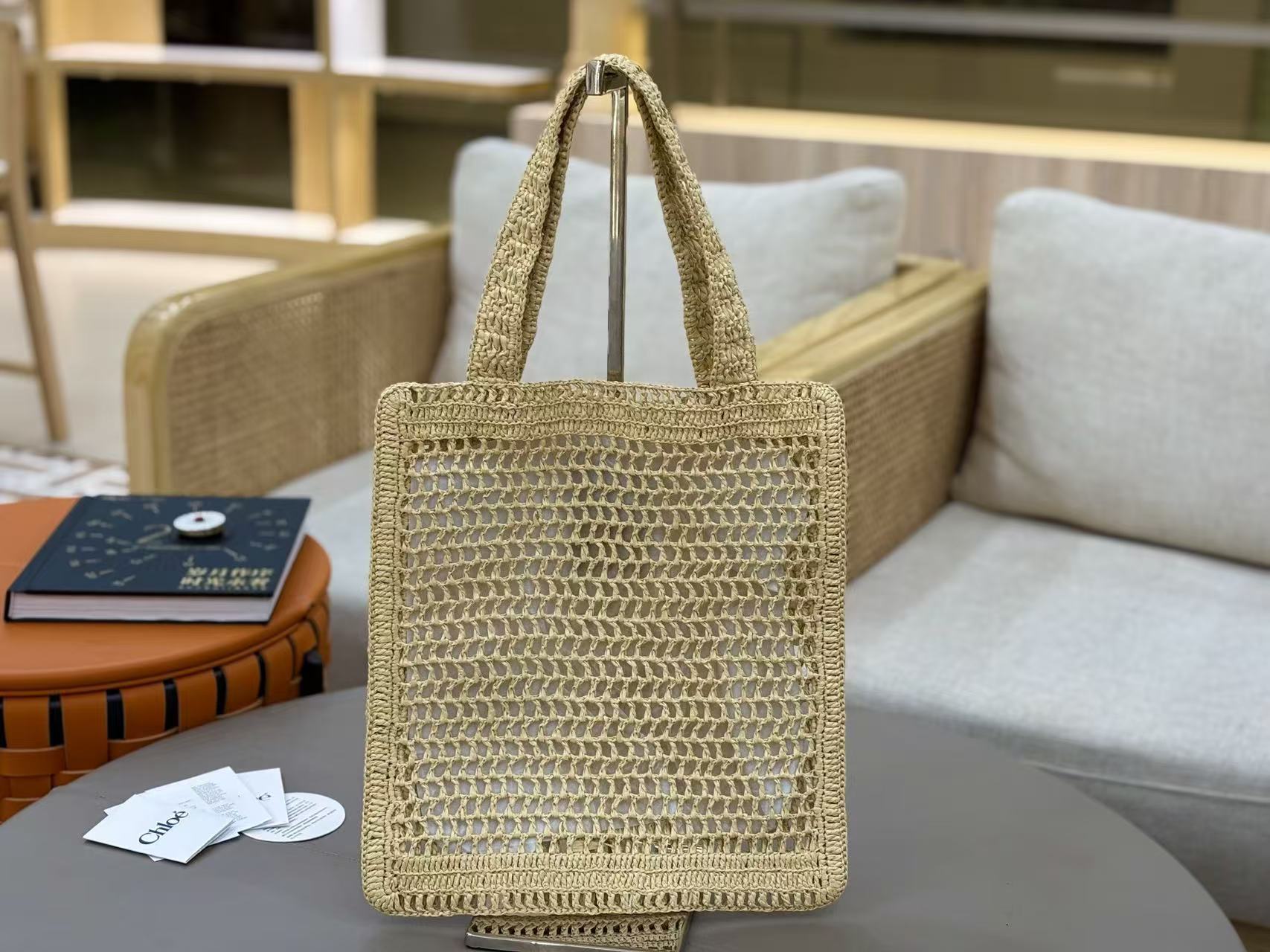 Chloé Summer Banana Crochet Tote Bag Raffia With Leather Trim