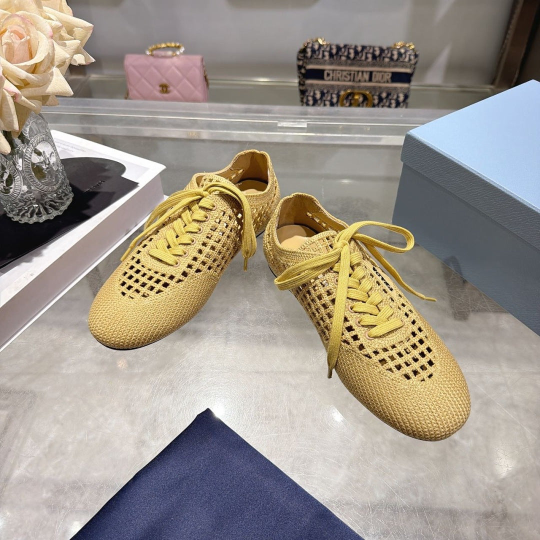 Prada 26s Lace Up Openwork Knit Sneakers Yellow Beige Knit Fabric