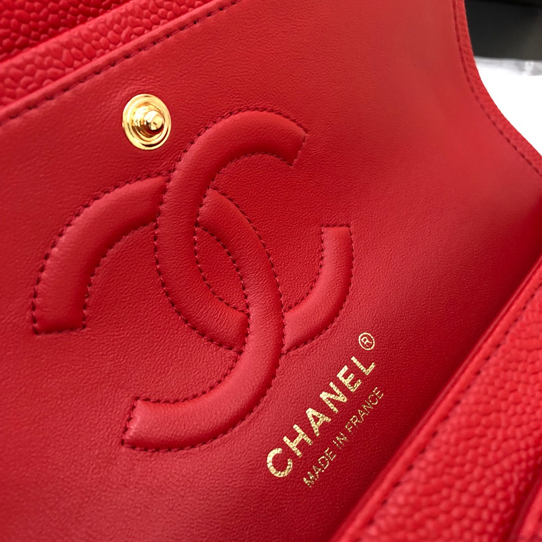 CC Double Flap Bag 25cm Red Quilted Caviar Leather 178751