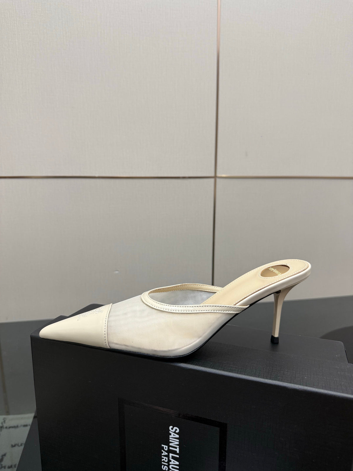 YSL 26s High-Heel Mules Beige Calfskin Mesh Fabric