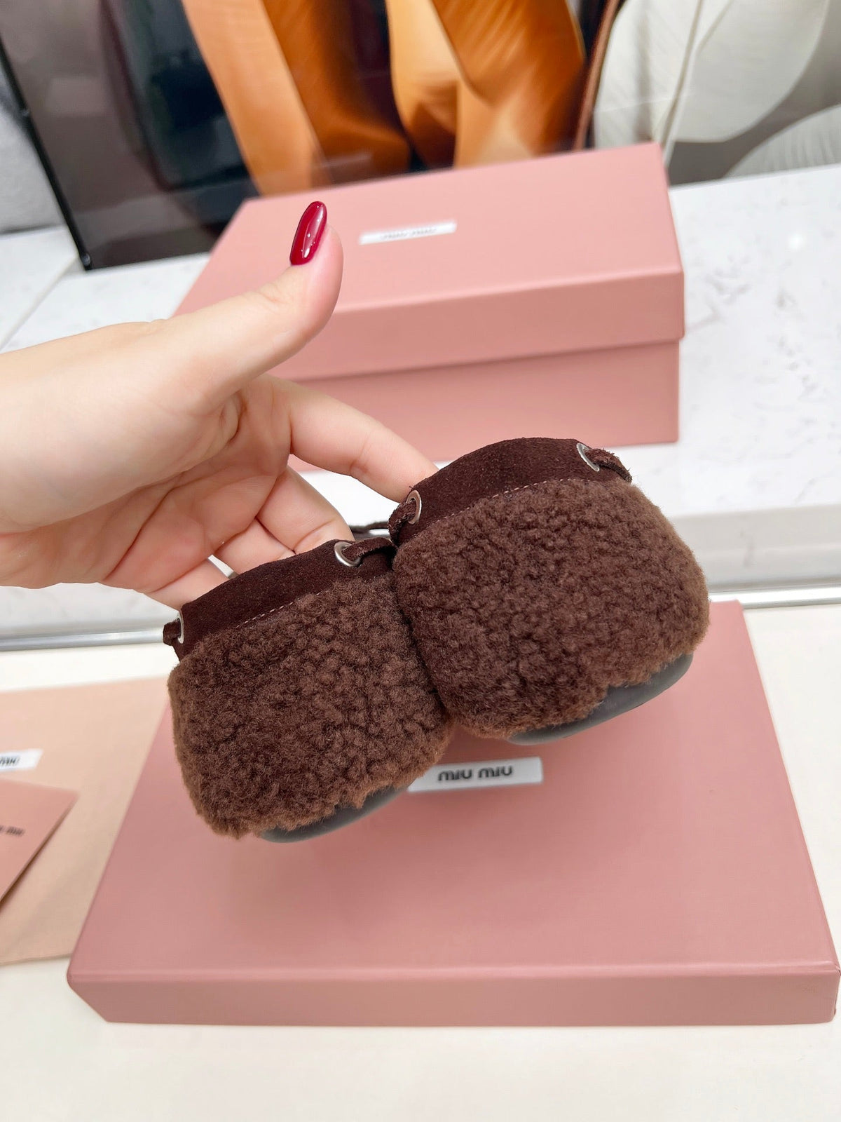 Miumiu 26s Boat Loafers Dark Brown Shearling