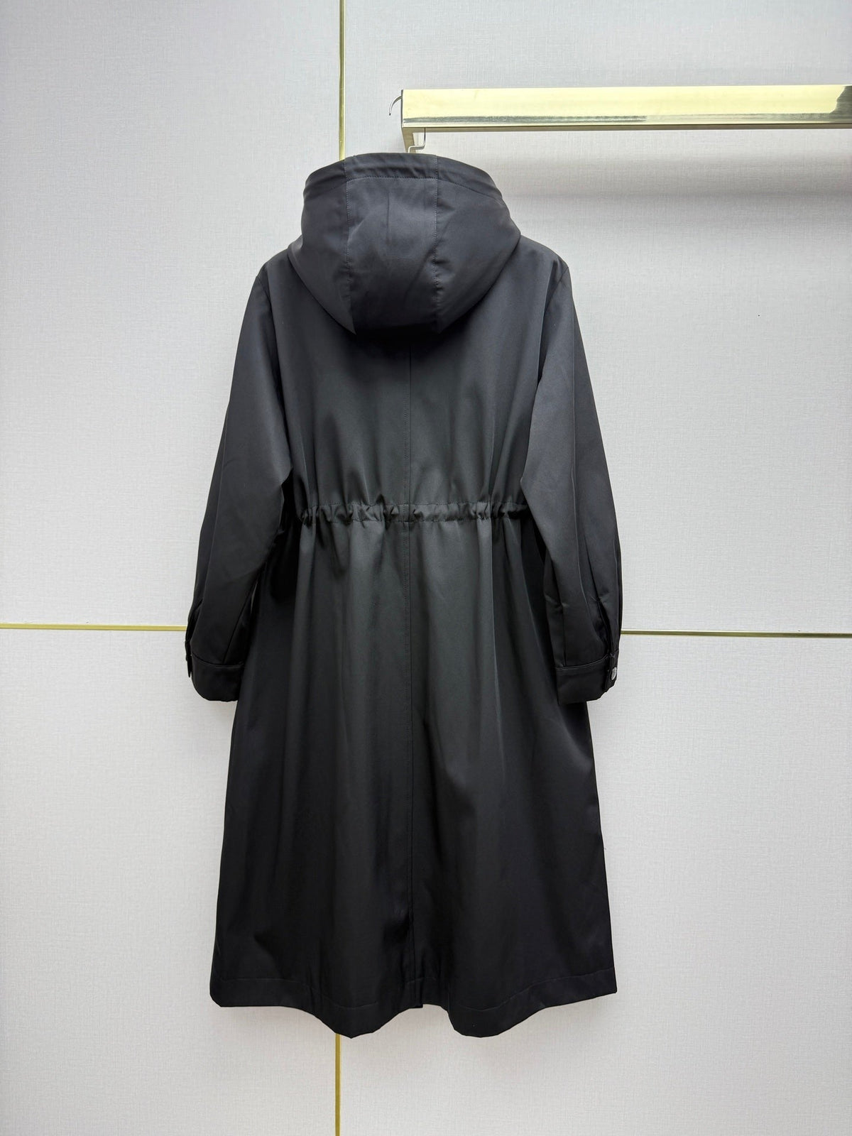 Prad 26SS Hooded Long Trench Coat Triangle Logo Drawstring Waist Cotton 437675