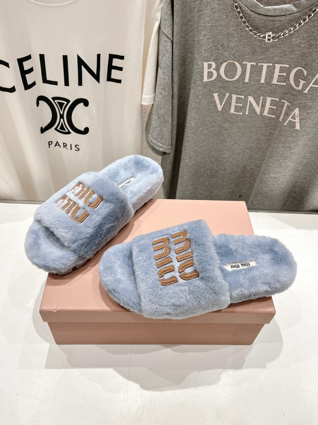 Miumiu 26s Flat Slides Pastel Blue Shearling