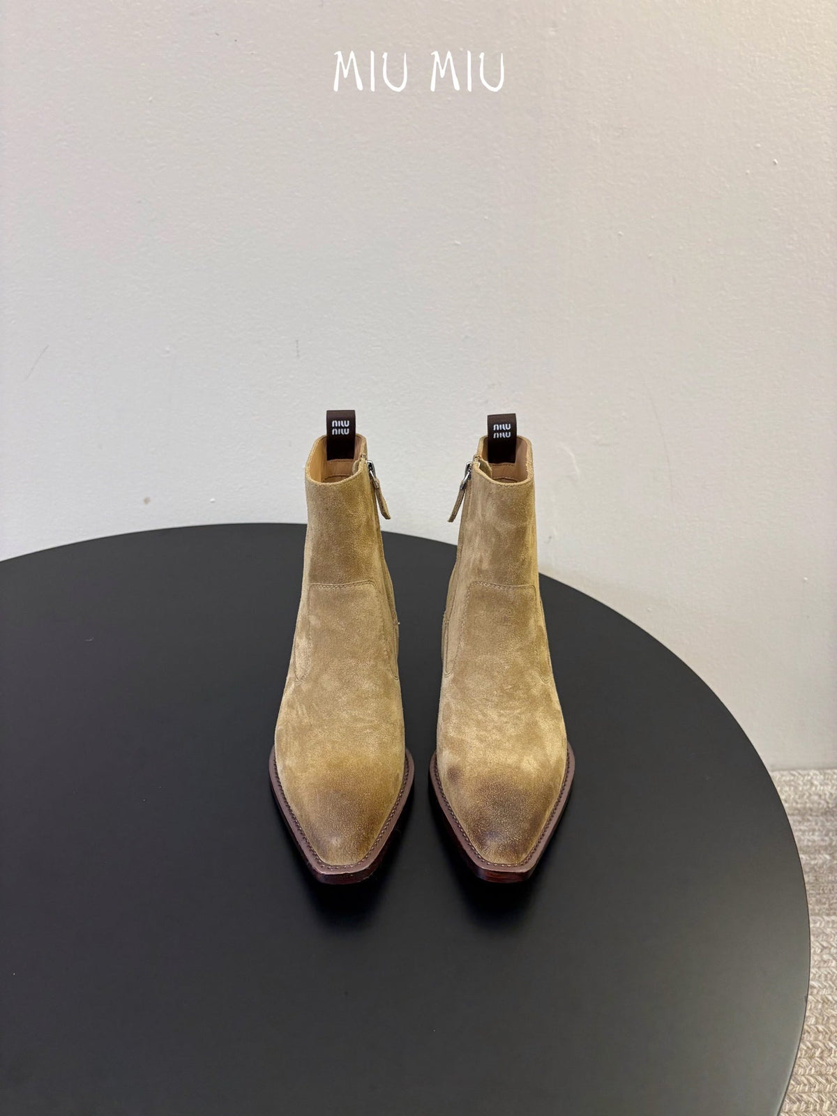 Miumiu 26s Western Ankle Boots Sand Beige Suede
