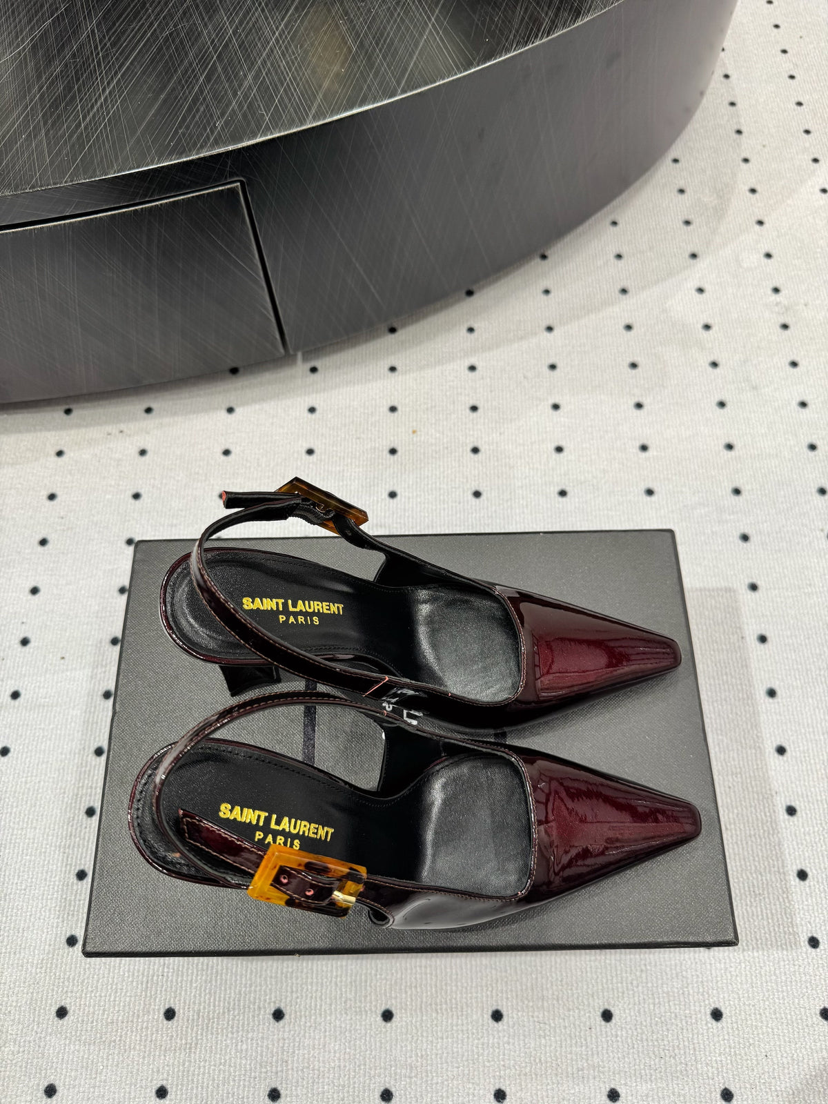 YSL 26s Slingback Heels 10.5cm Dark Red Glossy Calfskin With Buckle Closure