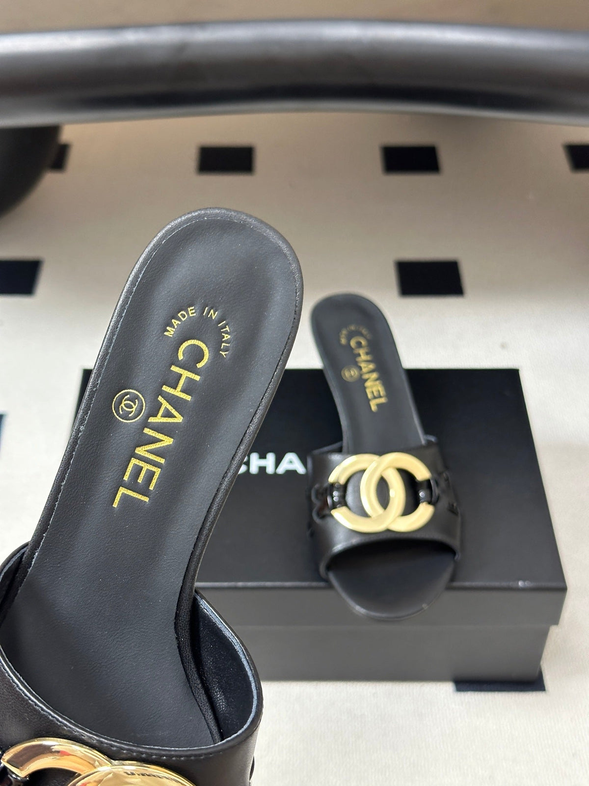 CC 26S High Heel Mule in Black Lambskin with Gold-Tone CC Logo