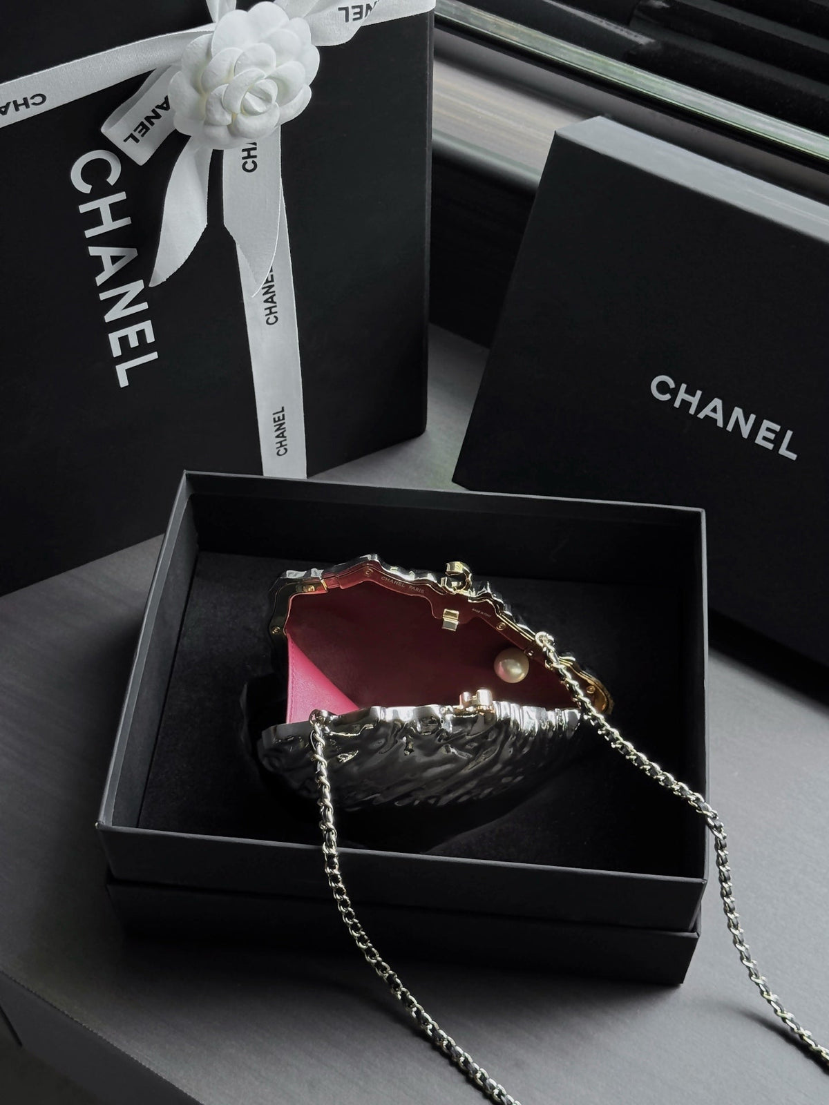 CC 26M Oyster Minaudière 17.5cm Hammered Metal Pearl