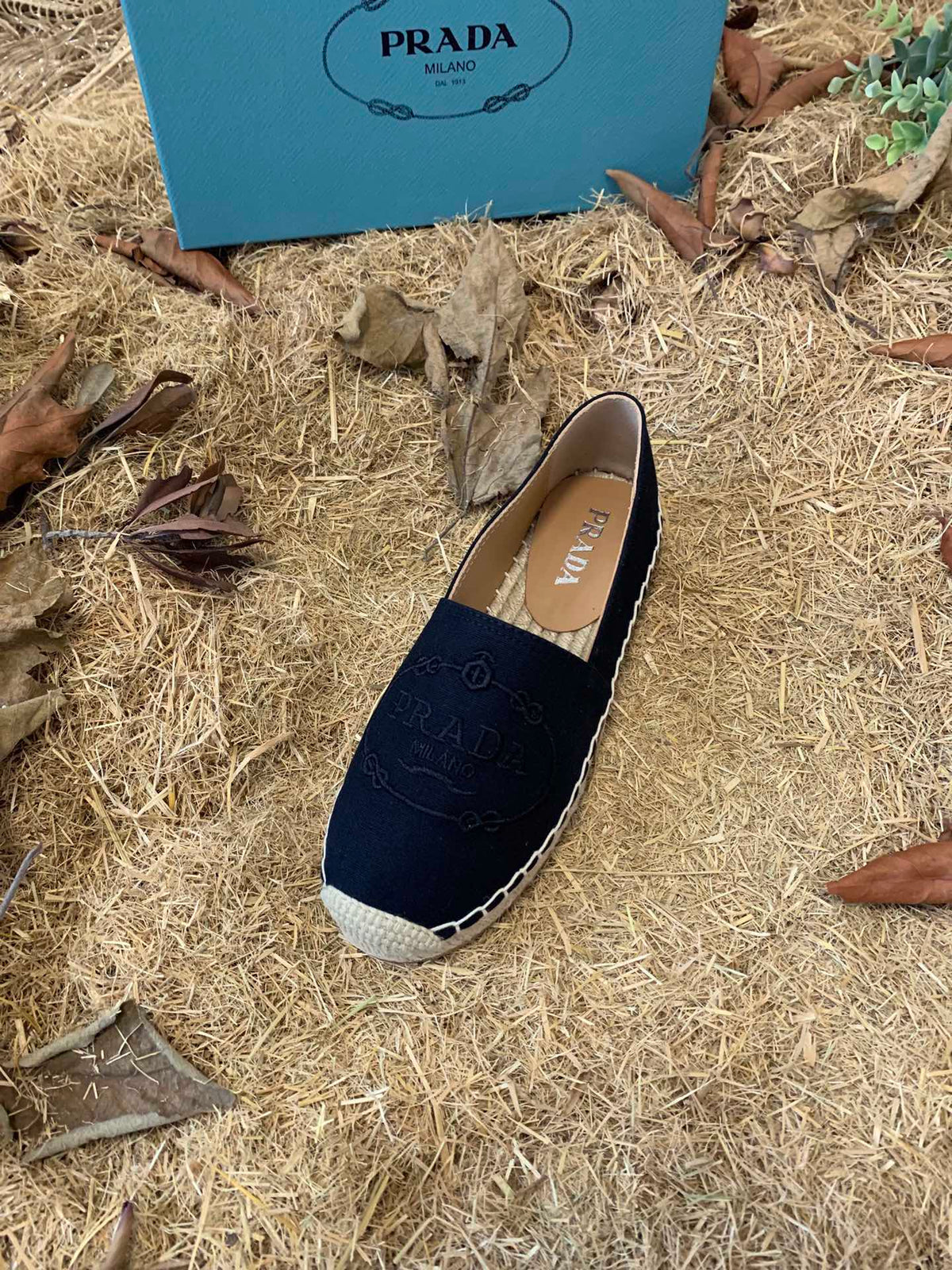 Prada 26s Espadrille Flats Black Canvas Embroidered Logo