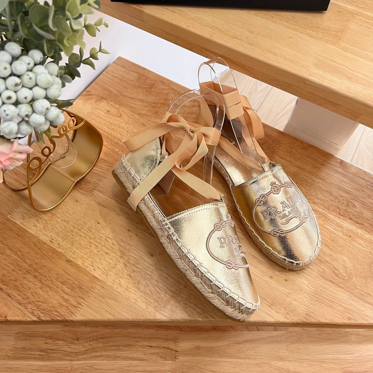 Prada 26s Lace Up Espadrille Flats Gold Calfskin
