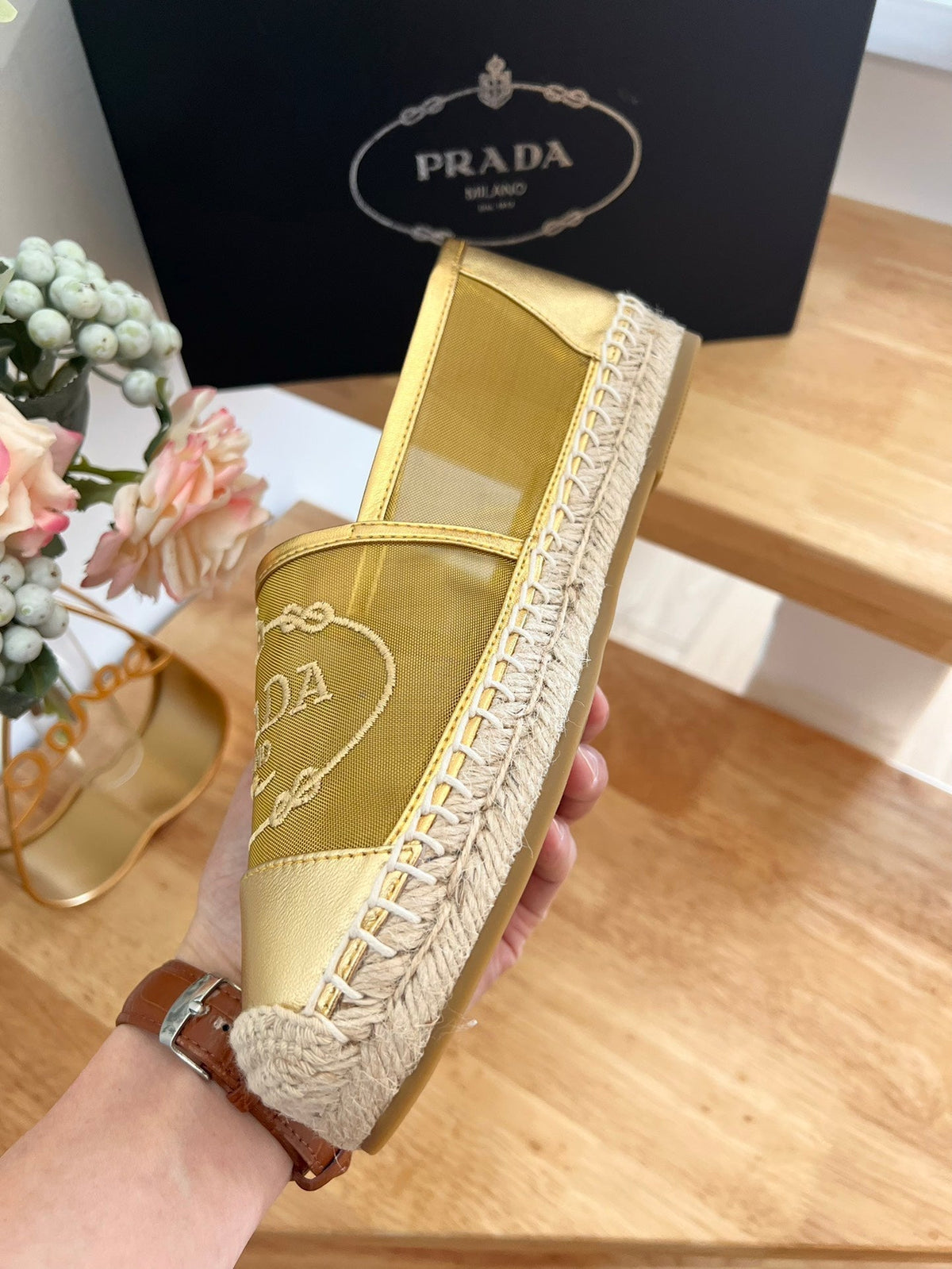 Prada 26s Embroidered Logo Espadrille Flats Gold Mesh Calfskin