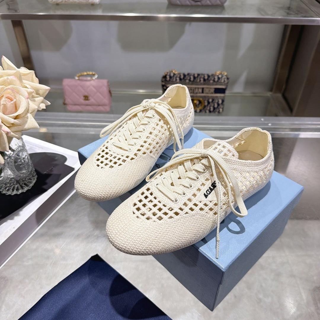 Prada 26s Lace Up Openwork Knit Sneakers Ivory White Knit Fabric