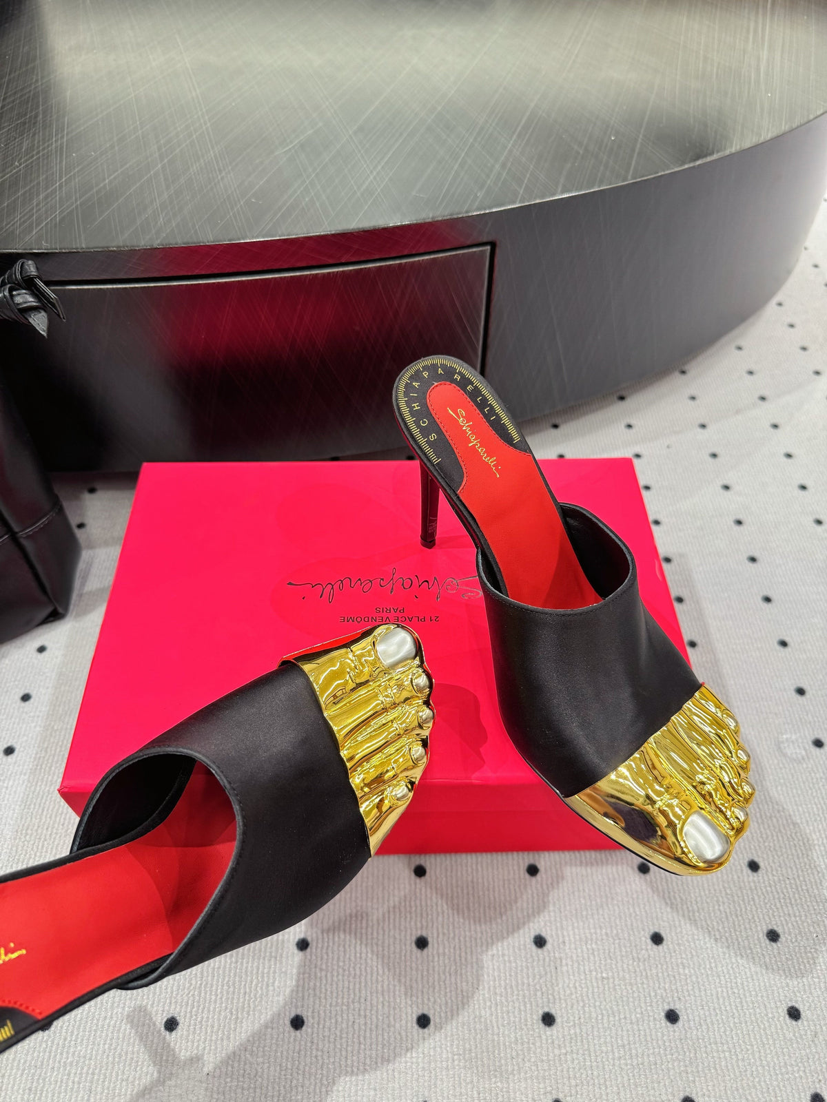 MS Trompe L'oeil Toe Mules 10.5cm  Black Gold Leather Blend With Silk