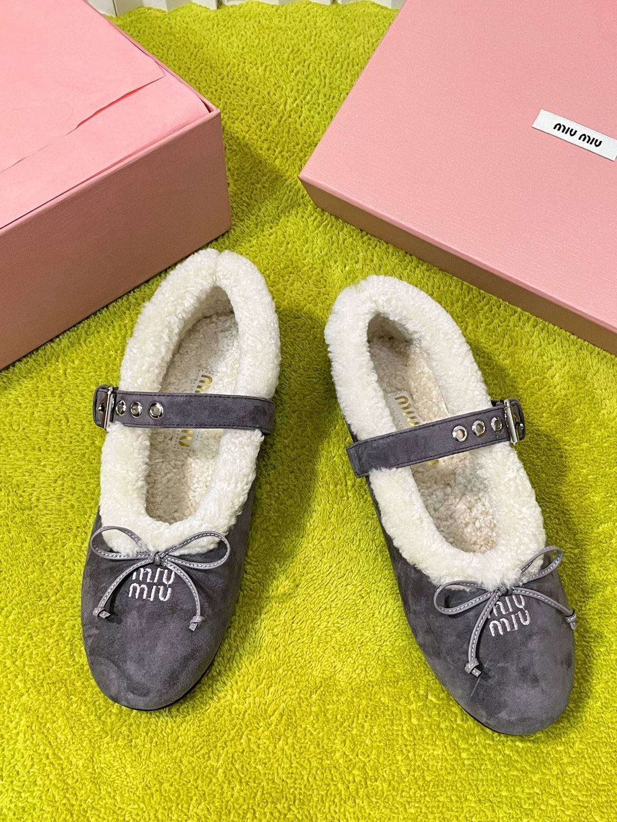 Miu Shearling Trim Mary Jane Flats Bow Detail Grey Suede 137206