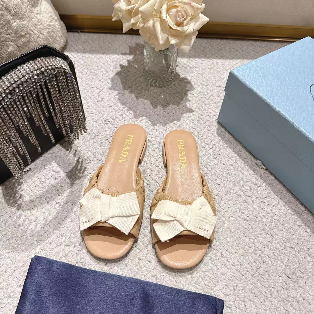 Prada 26s Ruched Bow Slide Sandals Beige Calfskin