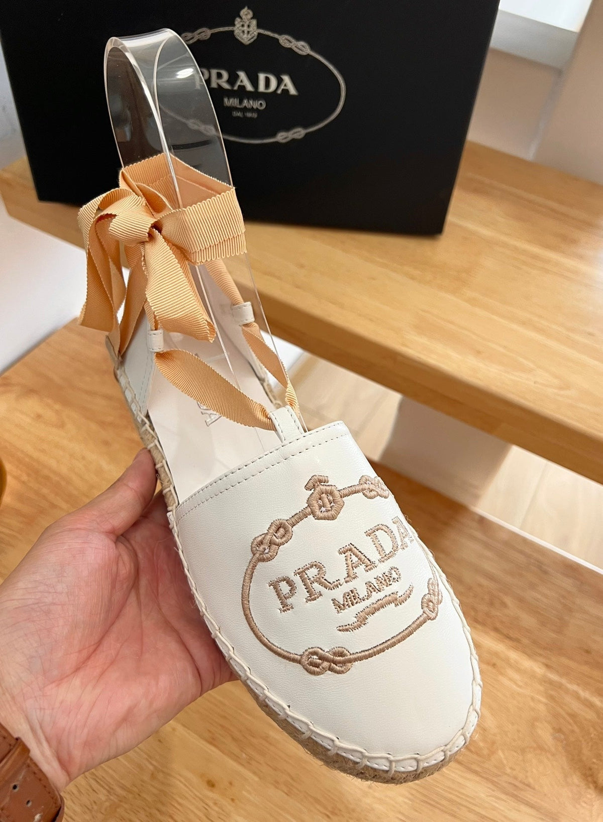 Prada 26s Lace Up Espadrille Flats Cream White Calfskin