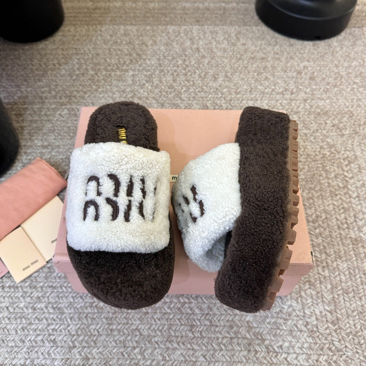 Miumiu 26s Platform Slides Dark Brown And White Shearling
