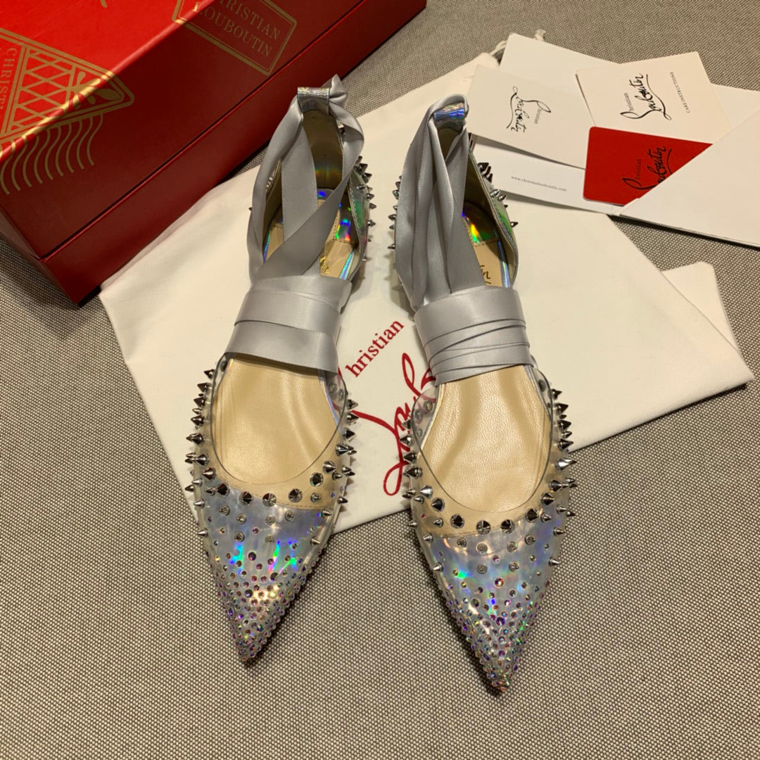 CL Mechante Reine Flats Spike Leather and PVC Silver