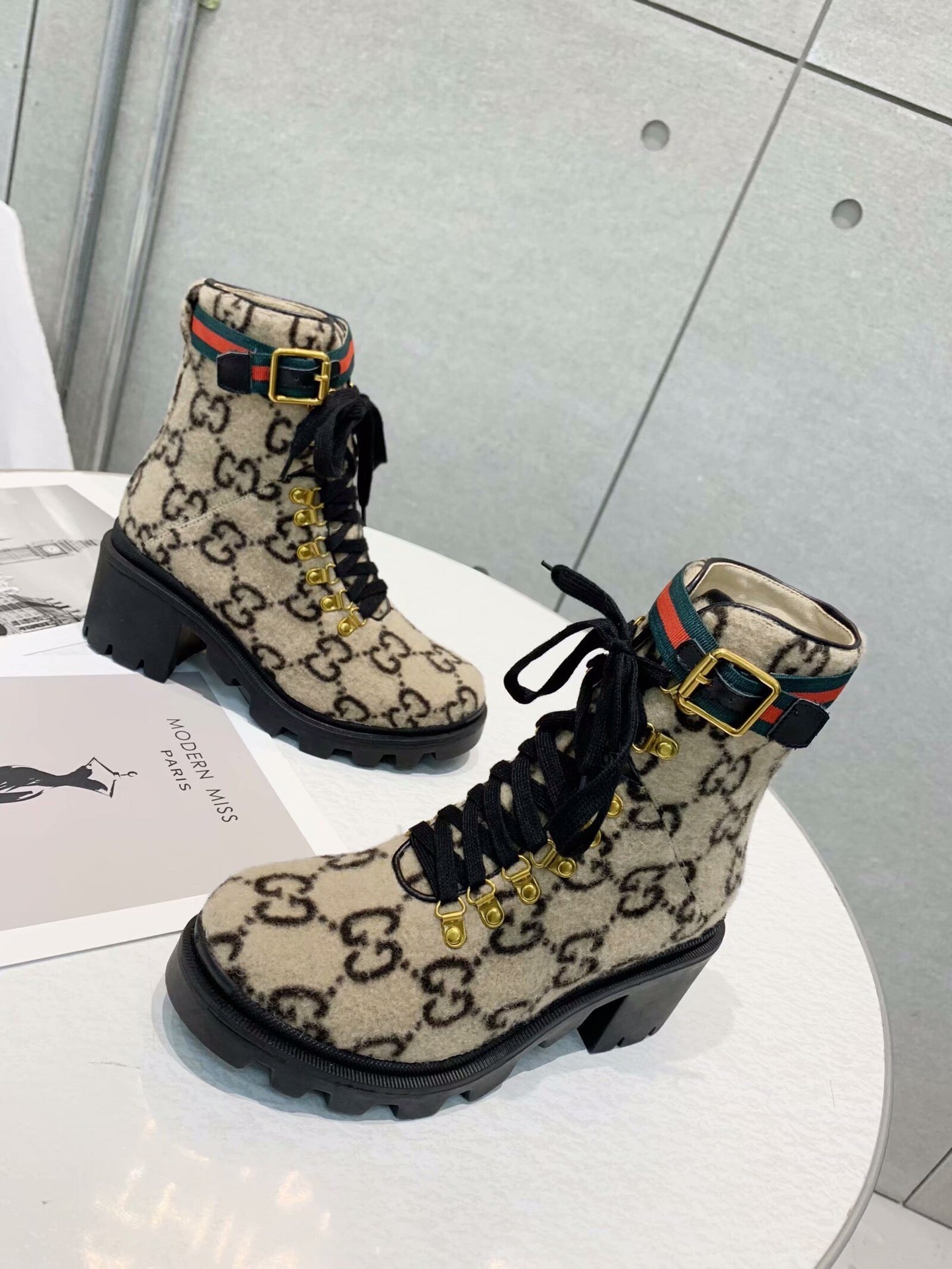 GG Ankle Heel Boots Beige Black Velvet