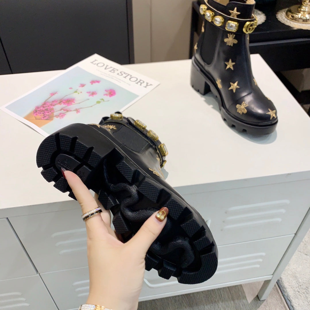 GG ankle boots star and bee black sheepskin with belt clearance