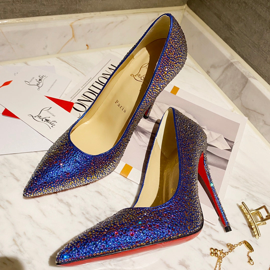 CL Kate Strass Degrade Pumps 100mm Suede Blue