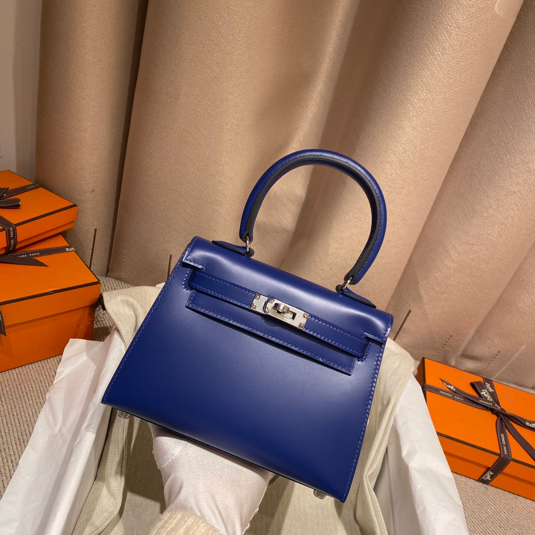 KELLY MINI 20 BAG IN NAVY BLUE SMOOTH CALFSKIN WITH SILVER HARDWARE (MADE - TO - ODER)